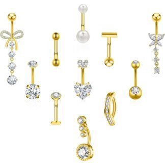 BSJ4U 11 Pcs Gold Plated Silver Belly Button Ring Dangle Hypoallergenic Surgical Stainless Steel Belly Rings for Women CZ Floating Clicker Heart Butterfly Pearl Bow Navel...