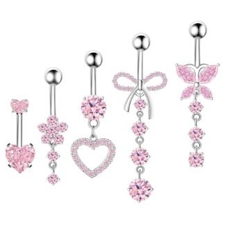 BSJ4U Belly Button Ring Dangle Navel Belly Piercing Jewelry Cute Pink CZ Heart Butterfly Bow Flower Navel Belly Rings for Women 14G Silver Stainless Steel Dainty Dangly Dangling...