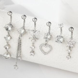 BSJ4U Belly Button Ring Gold Plated Silver CZ Belly Rings for Women Heart Butterfly Flower Dangle Navel Belly Button Piercing Jewelry