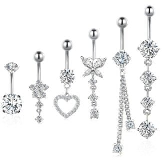 BSJ4U Belly Button Ring Gold Plated Silver CZ Belly Rings for Women Heart Butterfly Flower Dangle Navel Belly Button Piercing Jewelry