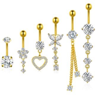 BSJ4U Belly Button Ring Gold Plated Silver CZ Belly Rings for Women Heart Butterfly Flower Dangle Navel Belly Button Piercing Jewelry