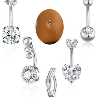 BSJ4U Belly Button Rings Gold Plated Silver Pink Clear CZ Belly Rings for Women Heart Bow Flower Butterfly Teardrop Dangle Navel Belly Button Piercing Jewelry