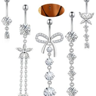 BSJ4U Belly Button Rings Gold Plated Silver Pink Clear CZ Belly Rings for Women Heart Bow Flower Butterfly Teardrop Dangle Navel Belly Button Piercing Jewelry