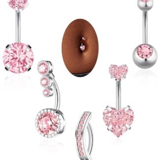 BSJ4U Belly Button Rings Gold Plated Silver Pink Clear CZ Belly Rings for Women Heart Bow Flower Butterfly Teardrop Dangle Navel Belly Button Piercing Jewelry