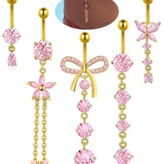 BSJ4U Belly Button Rings Gold Plated Silver Pink Clear CZ Belly Rings for Women Heart Bow Flower Butterfly Teardrop Dangle Navel Belly Button Piercing Jewelry