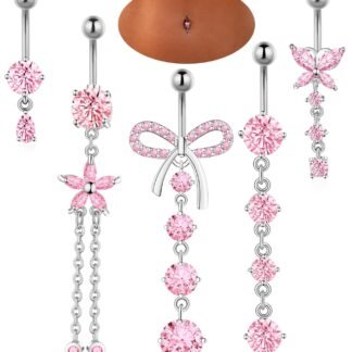 BSJ4U Belly Button Rings Gold Plated Silver Pink Clear CZ Belly Rings for Women Heart Bow Flower Butterfly Teardrop Dangle Navel Belly Button Piercing Jewelry