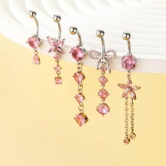 BSJ4U Belly Button Rings Gold Plated Silver Pink Clear CZ Belly Rings for Women Heart Bow Flower Butterfly Teardrop Dangle Navel Belly Button Piercing Jewelry