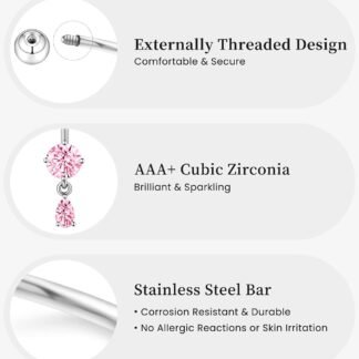 BSJ4U Belly Button Rings Gold Plated Silver Pink Clear CZ Belly Rings for Women Heart Bow Flower Butterfly Teardrop Dangle Navel Belly Button Piercing Jewelry