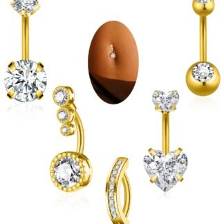 BSJ4U Belly Button Rings Gold Plated Silver Pink Clear CZ Belly Rings for Women Heart Bow Flower Butterfly Teardrop Dangle Navel Belly Button Piercing Jewelry