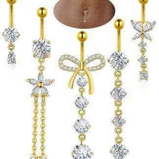 BSJ4U Belly Button Rings Gold Plated Silver Pink Clear CZ Belly Rings for Women Heart Bow Flower Butterfly Teardrop Dangle Navel Belly Button Piercing Jewelry