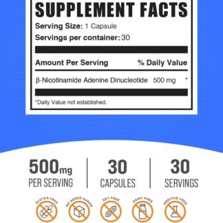 BulkSupplements.com NAD Capsules - Nicotinamide Adenine Dinucleotide, NAD Supplement 500mg - for Energy Support, Pure & Gluten Free, 1 Capsule per Serving, 30 Capsules (Pack of 1)