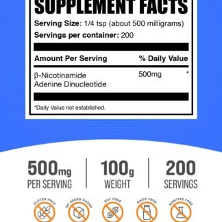 BulkSupplements.com NAD Powder - Nicotinamide Adenine Dinucleotide, NAD Supplement 500mg - for Energy Support, Pure & Gluten Free, 500mg per Serving, 100g (3.5 oz) (Pack of 1)