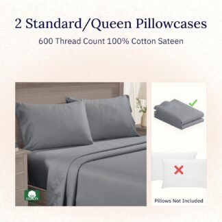 CALIFORNIA DESIGN DEN Luxuriously Soft Hotel Quality 600 Thread Count, 100% Cotton Set of 2 Cases, Crisp & Cool Dark Gray Pillow Cases Standard Fits Standard & Queen Pillows...