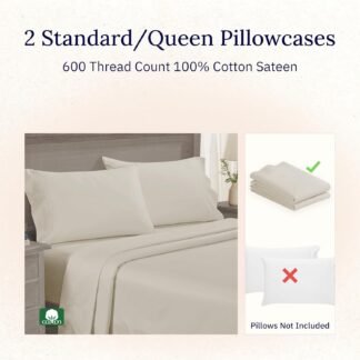 California Design Den Luxuriously Soft Premium 600 Thread Count, 100% Cotton Set of 2 Cases, Crisp Pillowcases Queen Size Set of 2 Fits Standard & Queen Pillows - Ivory (Warm...