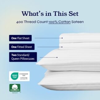 California Design Den Striped Queen Sheet Set - Soft 400 Thread Count Sateen, Natural 100% Cotton Sheets with Deep Pockets, and Durable Bedding Set - Striped White