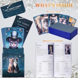 Cat Tarot Cards with Guide Book for Beginners Unique New Cute Cat Theme 400GSM Thickness Tarot Oracle Deck Kit with Guidebook Original Art with Embossed Edge