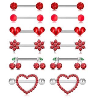 CHARMONLINE 14G Nipple Rings for Women 316L Stainless Steel Heart,Butterfly,Moon,Devil,Flower Nipple Barbell CZ Nipple Rings Set Nipplerings Piercing Jewelry