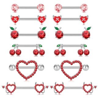 CHARMONLINE 14G Nipple Rings for Women 316L Stainless Steel Heart,Butterfly,Moon,Devil,Flower Nipple Barbell CZ Nipple Rings Set Nipplerings Piercing Jewelry
