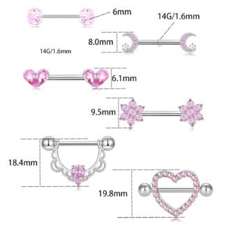 CHARMONLINE 14G Nipple Rings for Women 316L Stainless Steel Heart,Butterfly,Moon,Devil,Flower Nipple Barbell CZ Nipple Rings Set Nipplerings Piercing Jewelry
