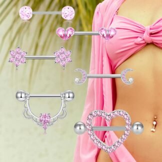 CHARMONLINE 14G Nipple Rings for Women 316L Stainless Steel Heart,Butterfly,Moon,Devil,Flower Nipple Barbell CZ Nipple Rings Set Nipplerings Piercing Jewelry