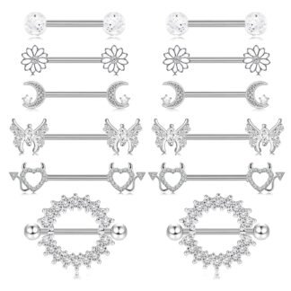 CHARMONLINE 14G Nipple Rings for Women 316L Stainless Steel Heart,Butterfly,Moon,Devil,Flower Nipple Barbell CZ Nipple Rings Set Nipplerings Piercing Jewelry