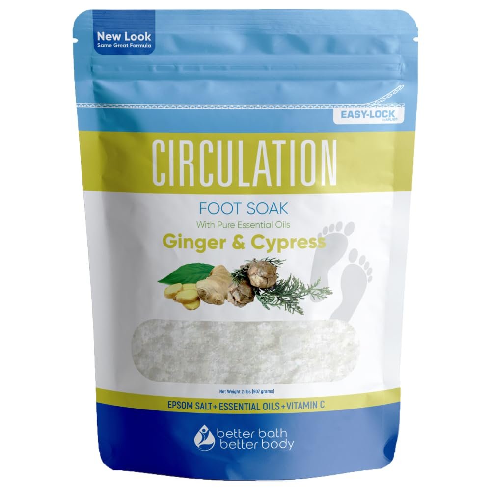 Circulation Foot Soak 32 Ounces 2 Lbs Epsom Salt with Pure Essential Oils Ginger and Cypress Essential Oils Plus Vitamin C in BPA Free Pouch with Easy Press Lock Seal - lunas-mystic-emporium.com Circulation Foot Soak 32 Ounces (2 Lbs) Epsom Salt with Pure Essential Oils Ginger and Cypress Essential Oils Plus Vitamin C in BPA Free Pouch with Easy Press Lock Seal