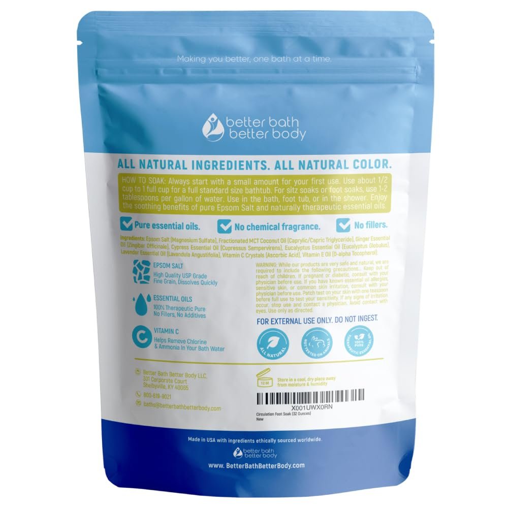 Circulation Foot Soak 32 Ounces 2 Lbs Epsom Salt with Pure Essential Oils Ginger and Cypress Essential Oils Plus Vitamin C in BPA Free Pouch with Easy Press Lock Seal - lunas-mystic-emporium.com Circulation Foot Soak 32 Ounces (2 Lbs) Epsom Salt with Pure Essential Oils Ginger and Cypress Essential Oils Plus Vitamin C in BPA Free Pouch with Easy Press Lock Seal