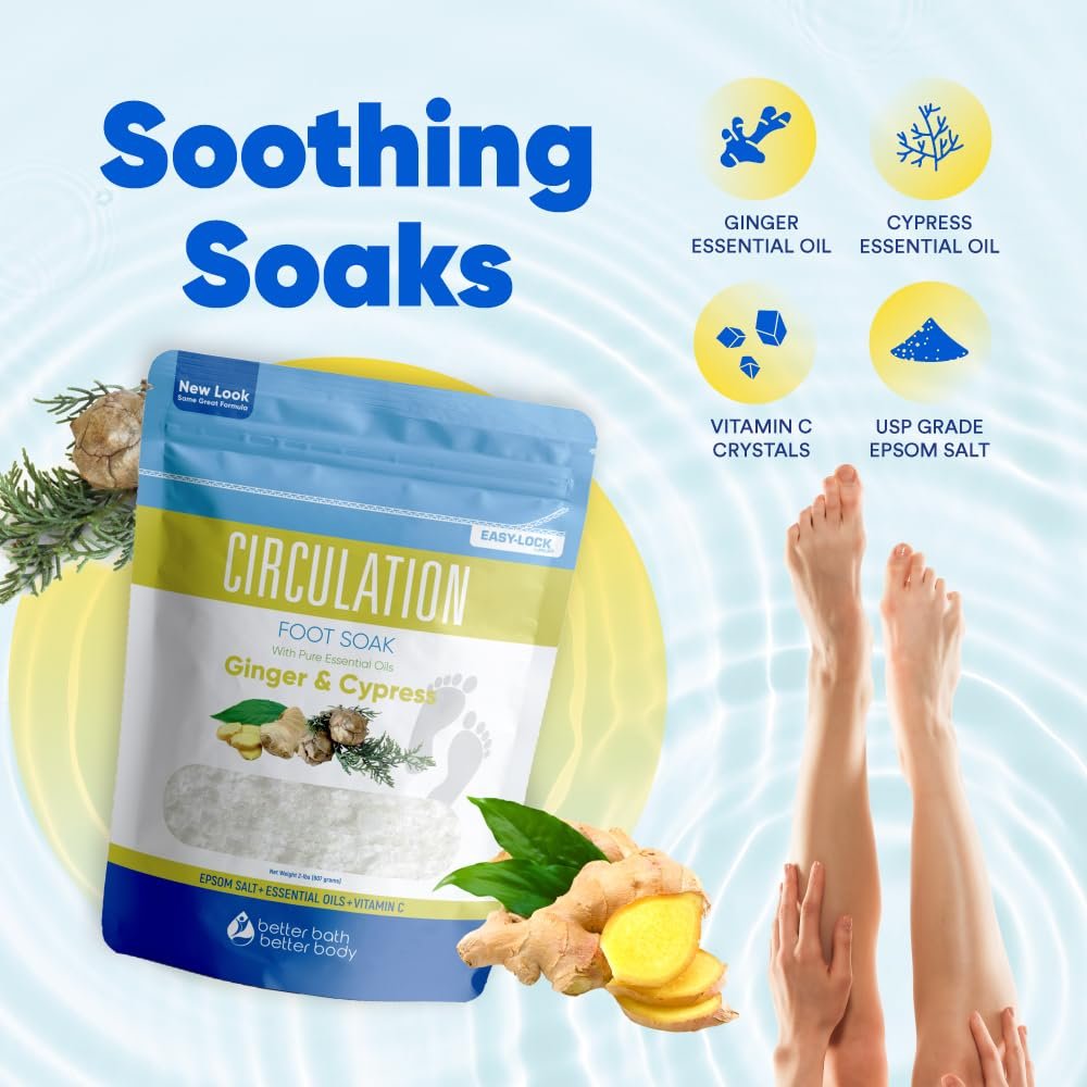 Circulation Foot Soak 32 Ounces 2 Lbs Epsom Salt with Pure Essential Oils Ginger and Cypress Essential Oils Plus Vitamin C in BPA Free Pouch with Easy Press Lock Seal - lunas-mystic-emporium.com Circulation Foot Soak 32 Ounces (2 Lbs) Epsom Salt with Pure Essential Oils Ginger and Cypress Essential Oils Plus Vitamin C in BPA Free Pouch with Easy Press Lock Seal