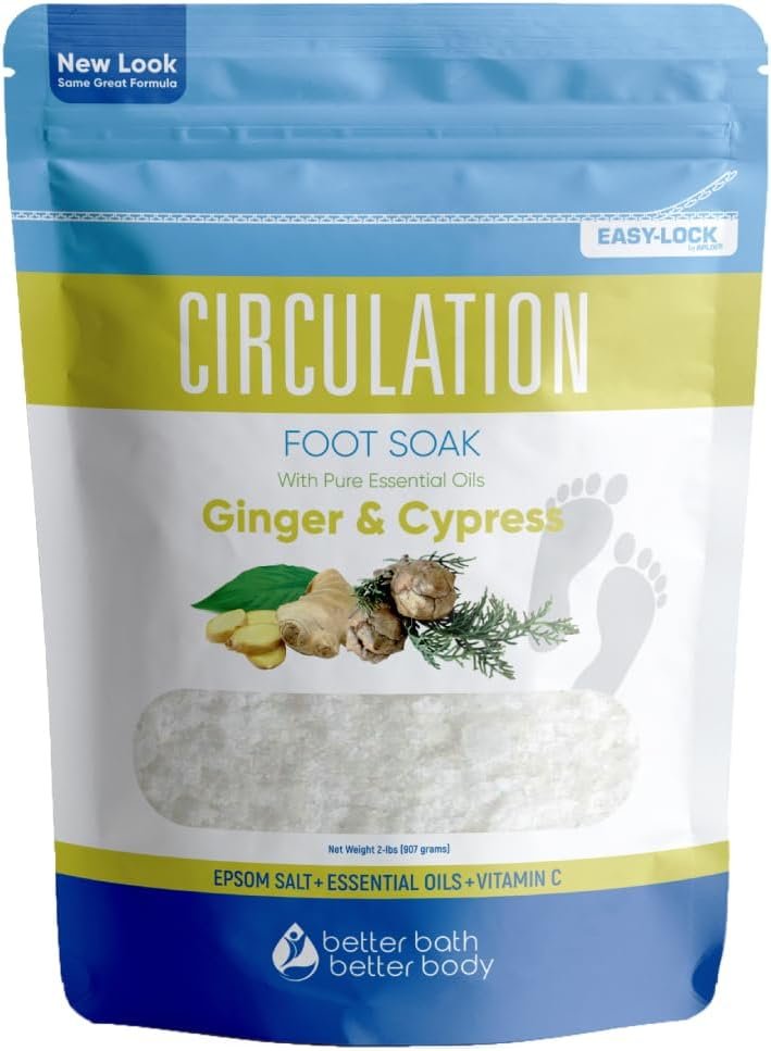 Circulation Foot Soak 32 Ounces 2 Lbs Epsom Salt with Pure Essential Oils Ginger and Cypress Essential Oils Plus Vitamin C in BPA Free Pouch with Easy Press Lock Seal - lunas-mystic-emporium.com Circulation Foot Soak 32 Ounces (2 Lbs) Epsom Salt with Pure Essential Oils Ginger and Cypress Essential Oils Plus Vitamin C in BPA Free Pouch with Easy Press Lock Seal