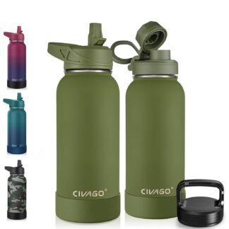 CIVAGO 32 oz Insulated Water Bottle With Straw, Stainless Steel Sports Water Cup Flask with 3 Lids (Straw, Spout and Handle Lid), Wide Mouth Travel Thermal Mug, Army Green
