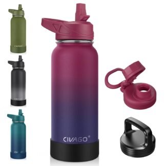 CIVAGO 32 oz Insulated Water Bottle With Straw, Stainless Steel Sports Water Cup Flask with 3 Lids (Straw, Spout and Handle Lid), Wide Mouth Travel Thermal Mug, Dark Rainbow