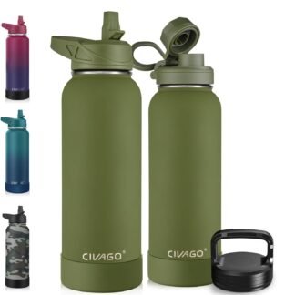 CIVAGO 40 oz Insulated Water Bottle With Straw, Stainless Steel Sports Water Cup Flask with 3 Lids (Straw, Spout and Handle Lid), Double Walled Travel Thermal Canteen Mug, Army...