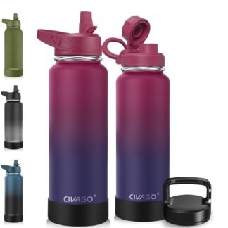 CIVAGO 40 oz Insulated Water Bottle With Straw, Stainless Steel Sports Water Flask Cup with 3 Lids (Straw, Portable Spout and Handle Lid), Double Walled Travel Thermal Canteen...