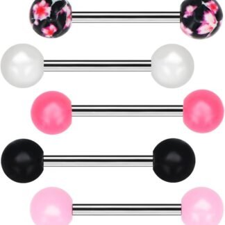 COCHARM 14g Acrylic Plastic Tongue Rings Pack for Women Pink Plastic Tongue Piercing Jewelry Kawaii Pearl Tongue Rings