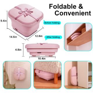 Collapsible Foot Bath Spa with heat and Massage Rollers, Foldable Foot Soak Tub with Bubbles Jets and LED light, Pedicure Foot Spa Massager with Foot Scrubber for Home Use (Pink)