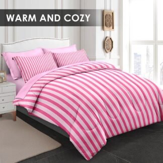 Comforter Set Twin Size, Stripe Pink Retro 5 Pcs Bedding for Kids and Adults, Geometric Striped Black Bed Sheet Sets with Fitted Sheet Pillowcase & Sham for Bedroom Bed Decor