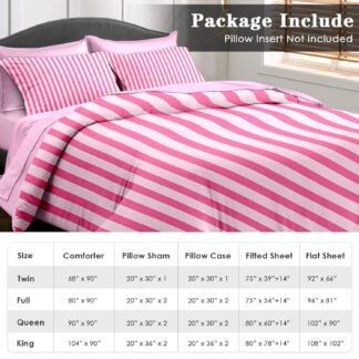 Comforter Set Twin Size, Stripe Pink Retro 5 Pcs Bedding for Kids and Adults, Geometric Striped Black Bed Sheet Sets with Fitted Sheet Pillowcase & Sham for Bedroom Bed Decor