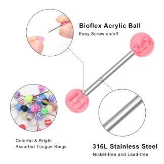CrazyPiercing 100Pcs 14G Acrylic Tongue Rings, Multi Color Assortment Flexible Tongue Rings Barbells Mix Piercing