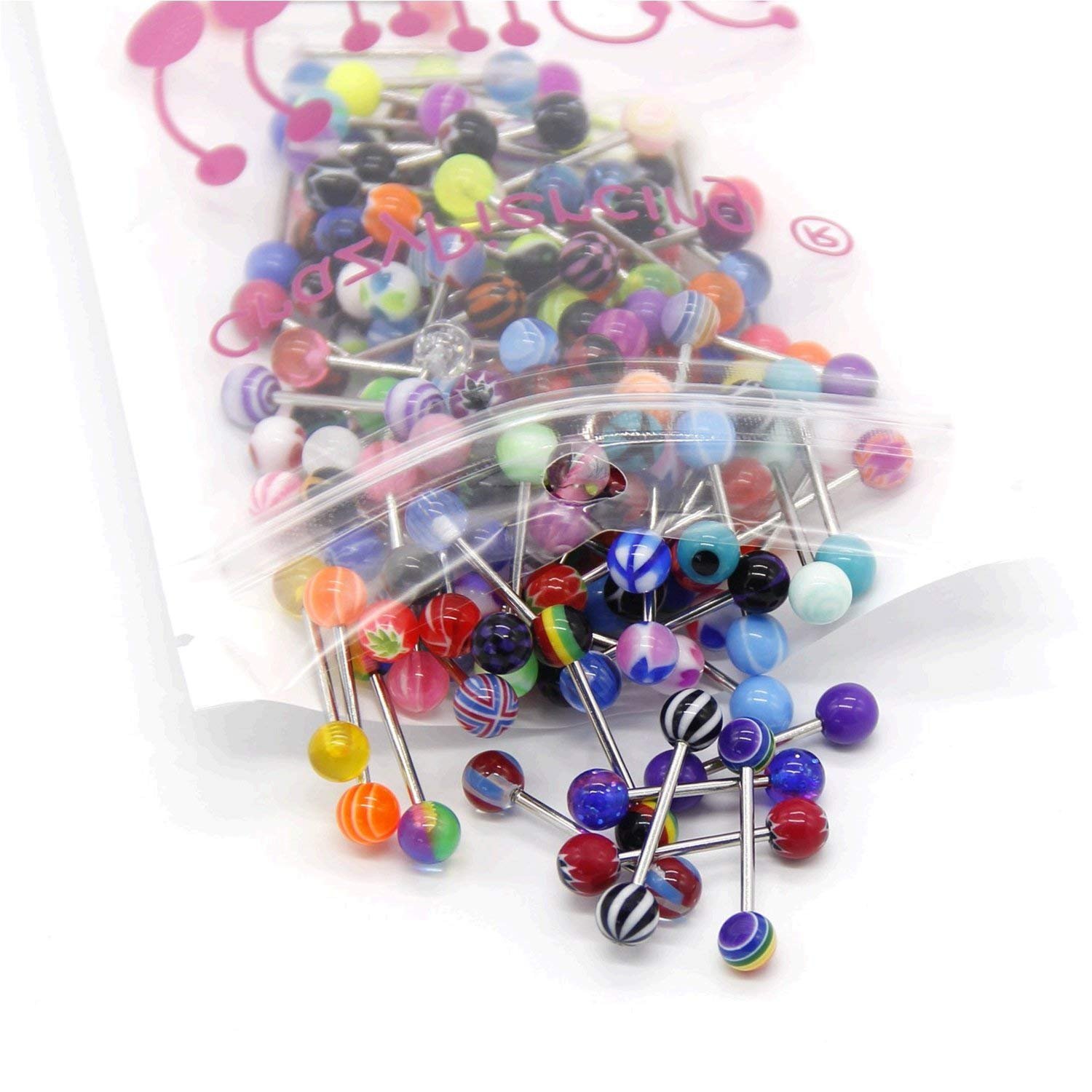 CrazyPiercing 110Pcs Wholesale 14g Tongue Ring Barbells Stainless Steel Bar Tongue Rings Assorted Colors for Women Man - lunas-mystic-emporium.com CrazyPiercing 110Pcs Wholesale 14g Tongue Ring Barbells Stainless Steel Bar Tongue Rings Assorted Colors for Women Man