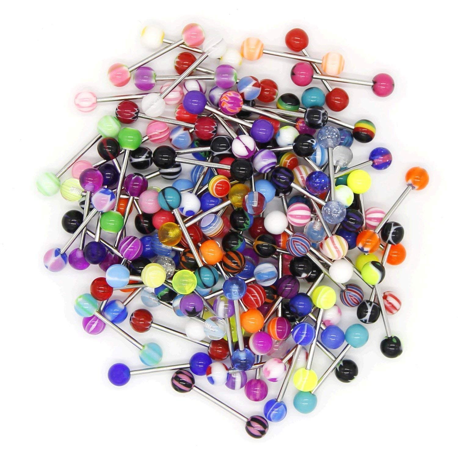 CrazyPiercing 110Pcs Wholesale 14g Tongue Ring Barbells Stainless Steel Bar Tongue Rings Assorted Colors for Women Man - lunas-mystic-emporium.com CrazyPiercing 110Pcs Wholesale 14g Tongue Ring Barbells Stainless Steel Bar Tongue Rings Assorted Colors for Women Man