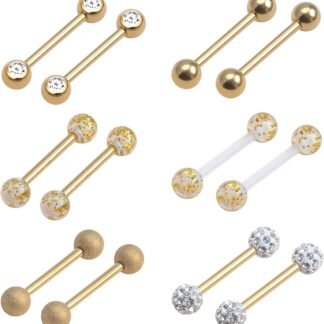 CrazyPiercing 12Pcs Stainless Steel Tongue Ring Barbell Retainer Body Piercing Jewelry 14G (Gold Pack)