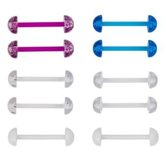 CrazyPiercing 5Pair Acrylic Tongue Rings 14G Flexible Glitter Half Ball Tongue Barbell Retainer Body Piercing Jewelry Bar Length 16mm