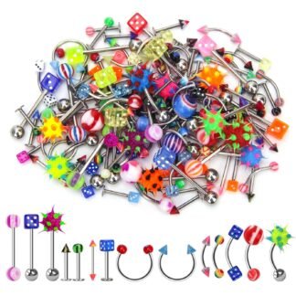 CrazyPiercing Lot of 110PCS Body Jewelry Piercing Eyebrow Navel Belly Tongue Lip Bar Ring