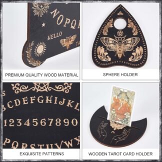 CREATCABIN 3Pcs Wooden Spirit Board Kit Tarot Card Stand Holder Moth Divination Board Set with Planchette Black Altar Card Display Stand Rectangle Talking Board for Witch Board...