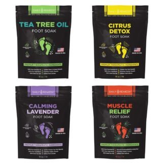 DAILY REMEDY Foot Soak Salts- Variety Pack of 4- Tea Tree Oil, Muscle Relief, Calming Lavender & Citrus Soak- For Foot Pain, Soreness, Athlete’s Foot, Odors, Calluses-Made In...