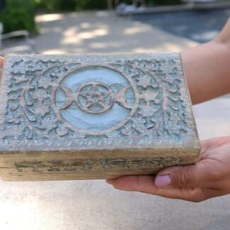 DharmaObjects Triple Moon Hand Carved Jewelry Trinket Keepsake Wooden Storage Box (Turquoise, Large)