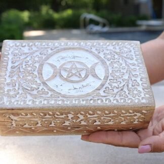 DharmaObjects Triple Moon Hand Carved Jewelry Trinket Keepsake Wooden Storage Box (White, Large)