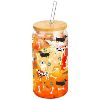 Dog Puppy Paws Glass Cup with Lid & Straws 16 Oz - Drinking Glass Tumbler for Iced Coffee, Smoothie, Cocktail, Beer, Soda - Birthday Christmas Gift for Men, Women, Sister,...