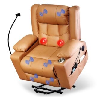 Dual Motor Power Lift Recliner Chair for Elderly - Leather Recliner with Massage, Lumbar Heat, Bluetooth Speaker, Phone Holder & Cupholder, Extended Footrest for Comfort