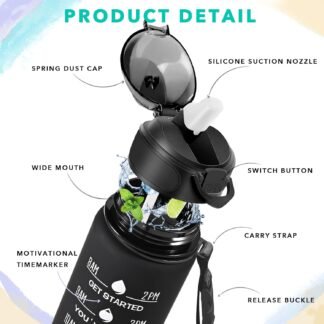 Enerbone 32 oz Drinking Water Bottle with Times to Drink and Straw, Motivational with Carrying Strap, Leakproof BPA & Toxic Free, Ensure You Drink Enough Water for Fitness Gym...